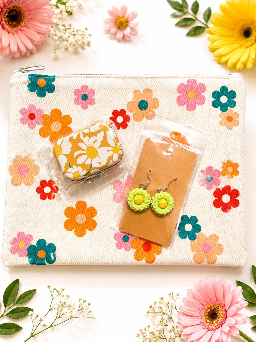 Floral Canvas Zipper Pouch, Earrings And Small Tin